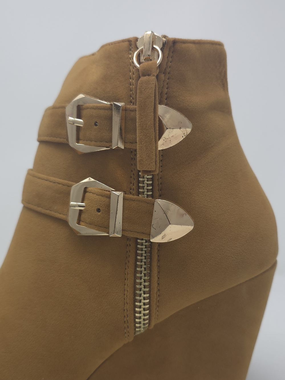 Tan Faux Suede Wedge Ankle Boots Buckle Strap Side Zip Casual Trendy - Picture 7 of 12